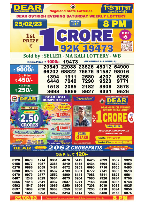 Dear Evening Lottery Sambad Result Today 25 February 8pm
