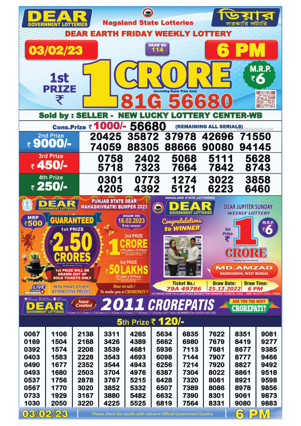 Dear Evening Lottery Sambad Result Today 3 February 6pm