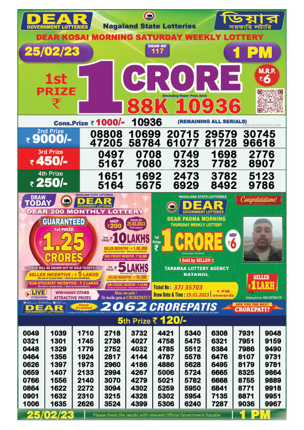 Dear Morning Lottery Sambad Result Today 25 February