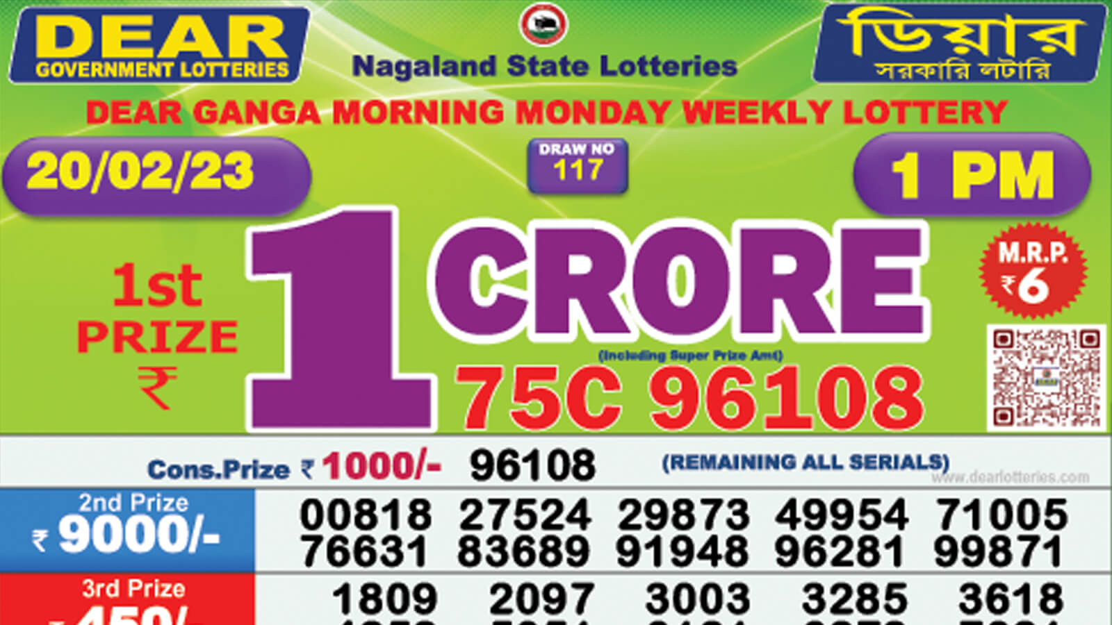Dear Lottery Sambad Result 20.2.2023 1pm 6pm 8pm