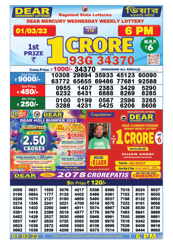 Dear Day Lottery Sambad Result Today 1 March 6pm