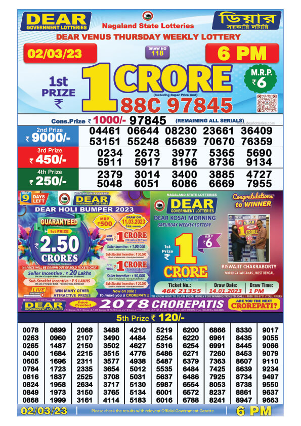 Dear Day Lottery Sambad Result Today 2 March 6pm
