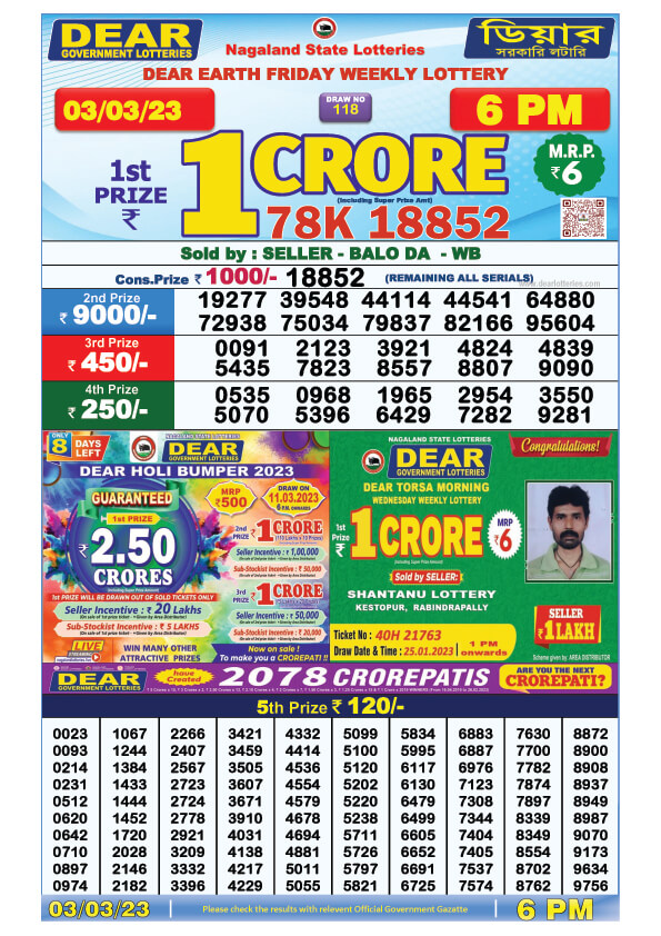 Dear Day Lottery Sambad Result Today 3 March 6pm