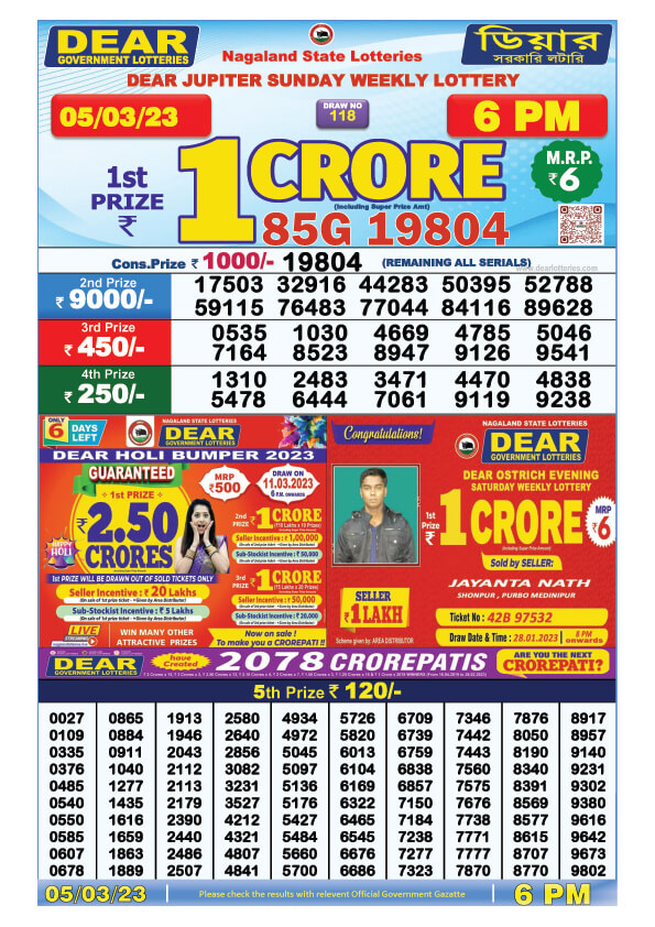 Dear Day Lottery Sambad Result Today 5 March 6pm