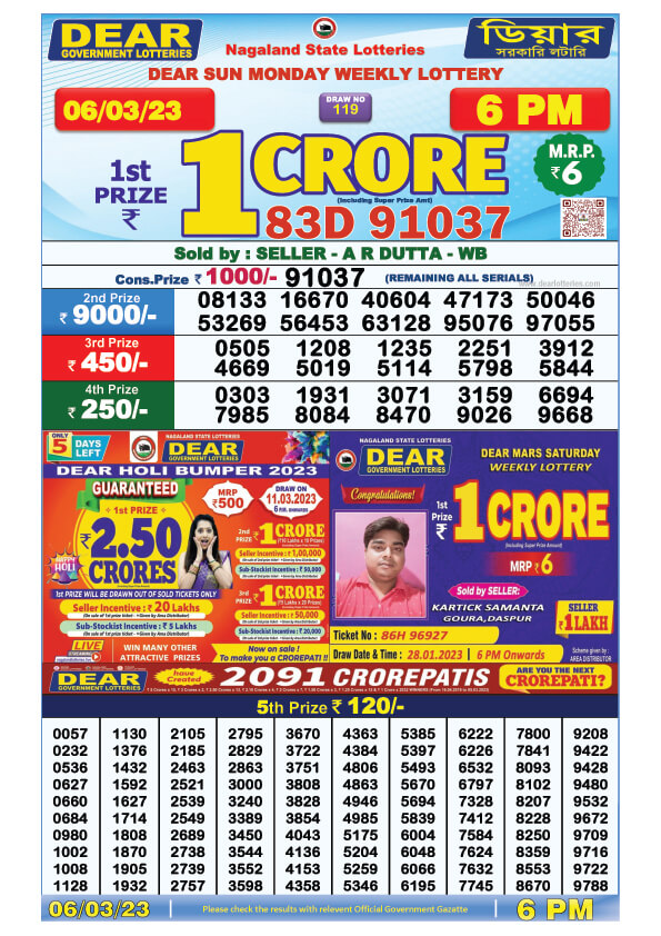 Dear Day Lottery Sambad Result Today 6 March 6pm