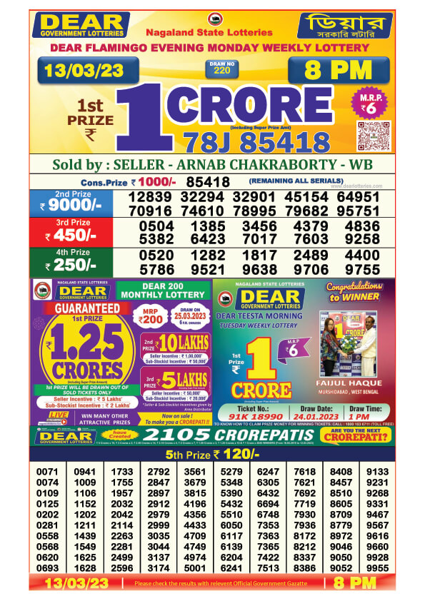 Dear Evening Lottery Sambad Result Today 13 March 8pm