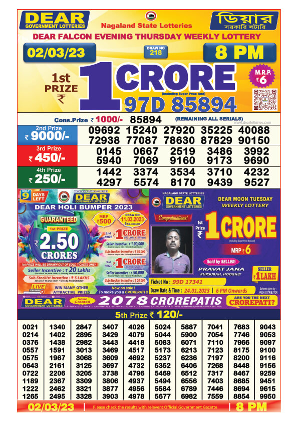 Dear Evening Lottery Sambad Result Today 2 March 8pm