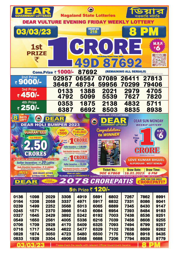 Dear Evening Lottery Sambad Result Today 3 March 8pm