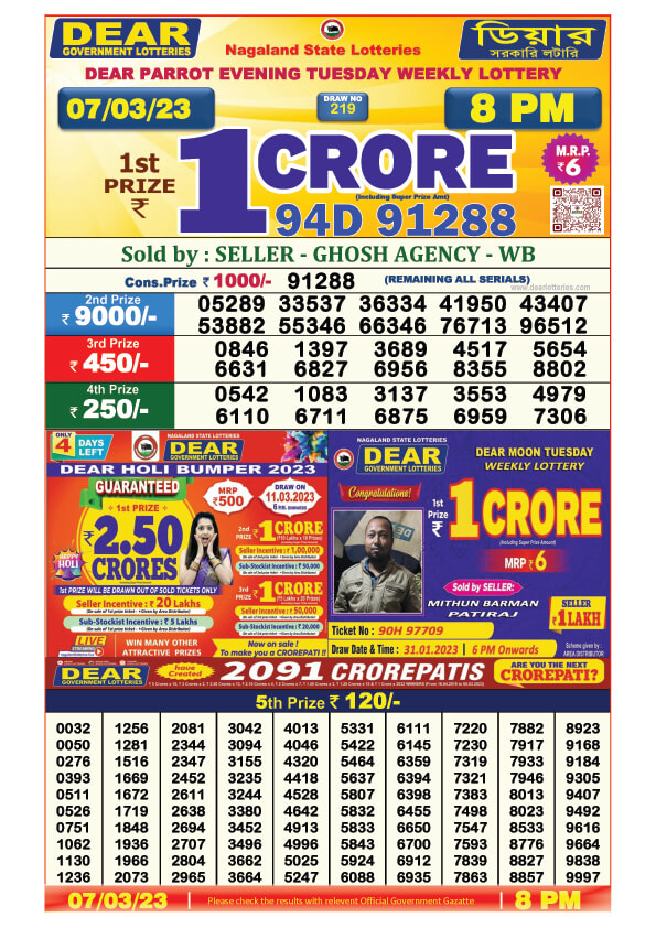 Dear Evening Lottery Sambad Result Today 7 March 8pm