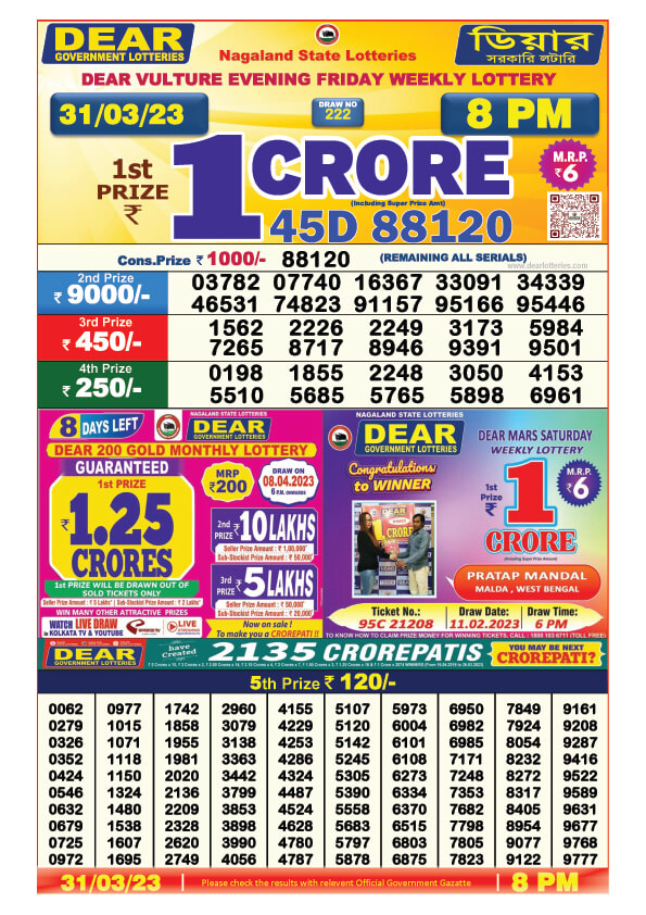 Dear Night Lottery Sambad Result Today 31 March 8pm