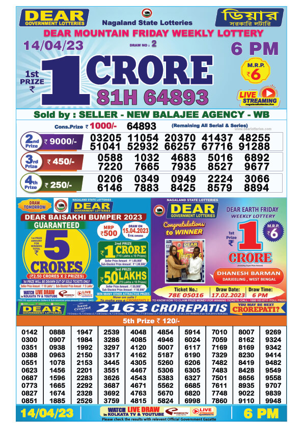 Dear Evening Lottery Sambad Result Today 14 April 6pm