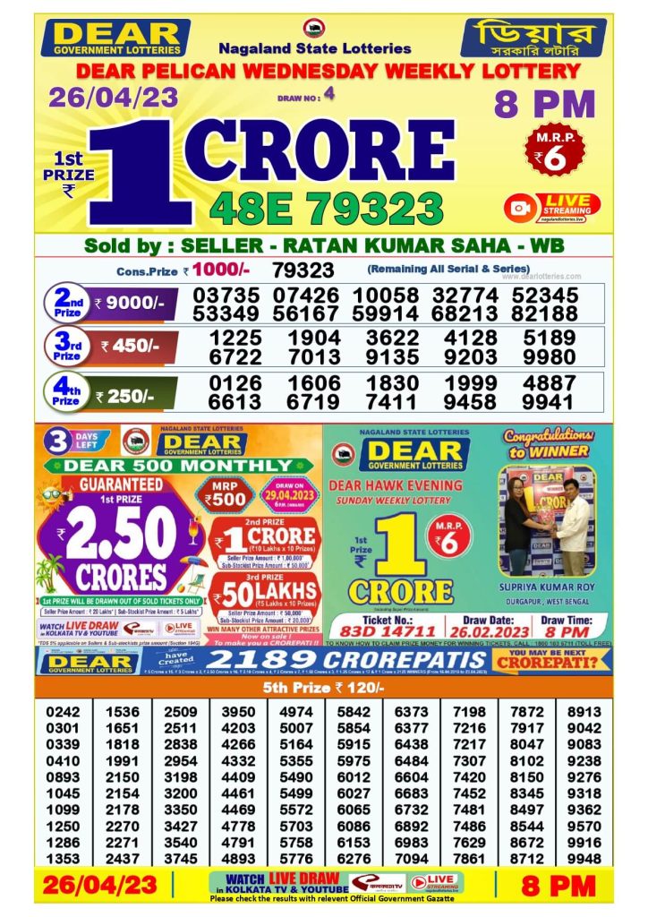 Dear Night Lottery Sambad Result Today 26 April 8pm
