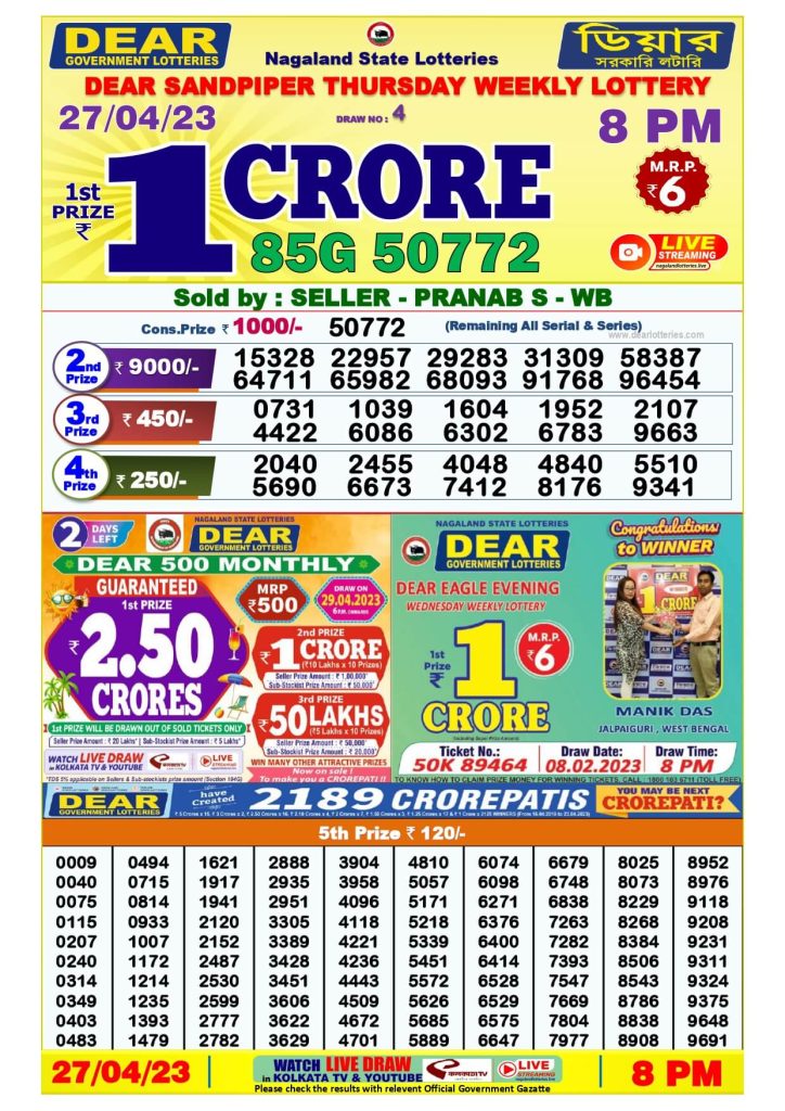 Dear Night Lottery Sambad Result Today 27 April 8pm