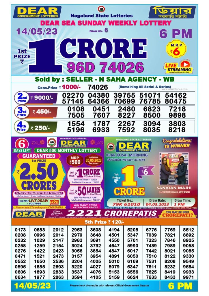 Dear Evening Lottery Sambad Result Today 14 05 May 6pm