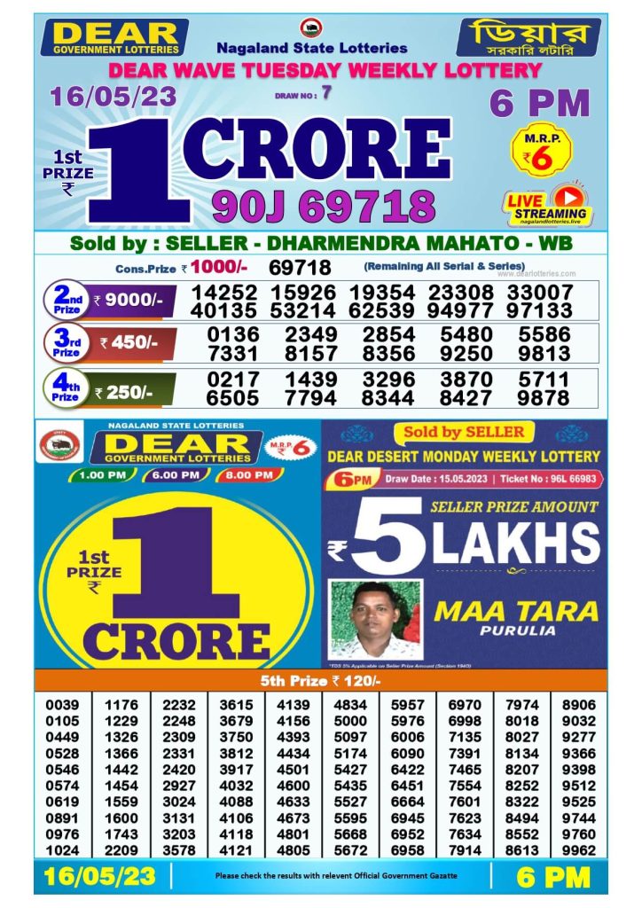 Dear Evening Lottery Sambad Result Today 16 May 6pm