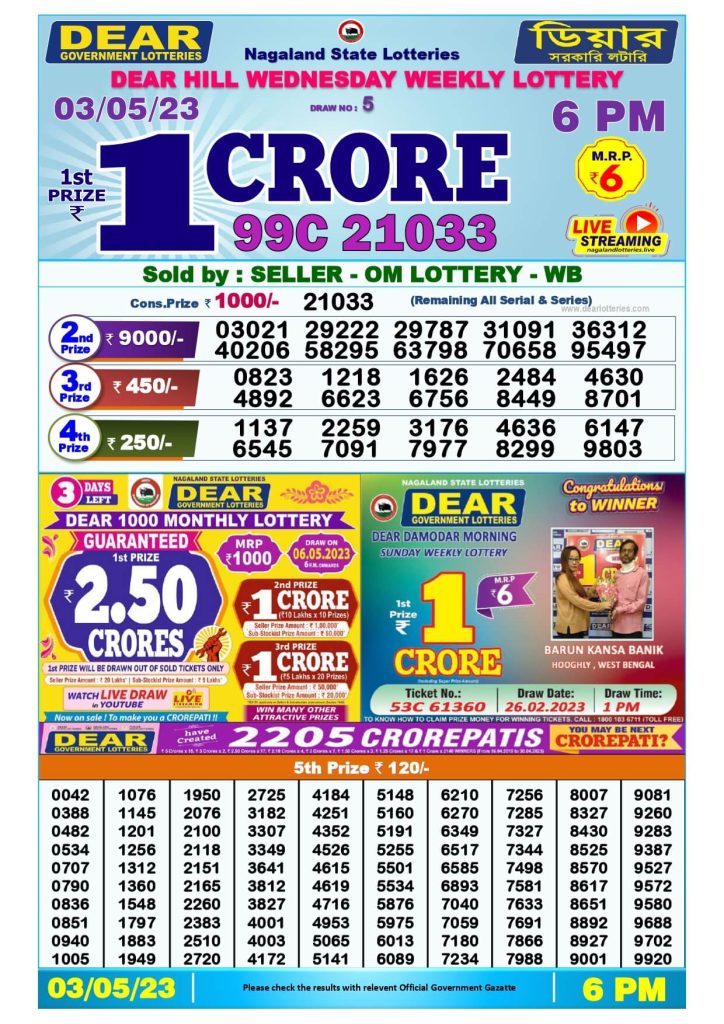 Dear Evening Lottery Sambad Result Today 3 May 6pm