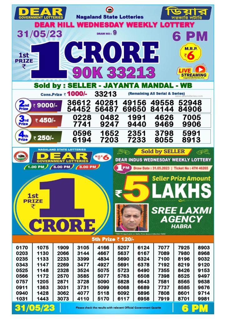 Dear Evening Lottery Sambad Result Today 31 May 6pm 2023