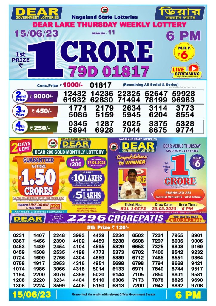 Lottery Sambad Result Today Dear Evening 6 PM 15.6.2023