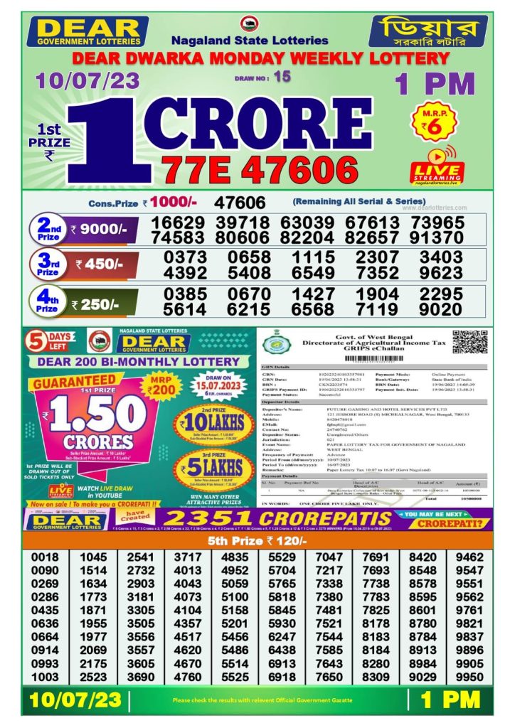 Dear Lottery Sambad Result Today 10 July Morning 1PM Live Winners List