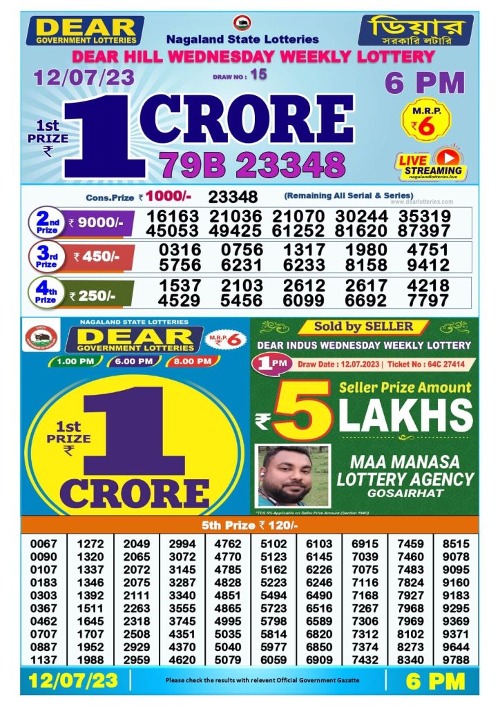 Dear Lottery Sambad Result Today 12 July Evening 6PM Live Winners List