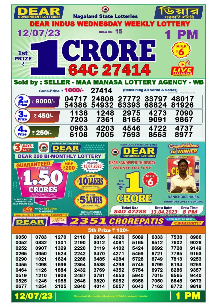 Dear Lottery Sambad Result Today 12 July Morning 1PM Live Winners List