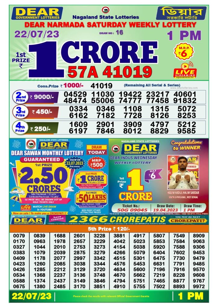 Dear Lottery Sambad Result Today 22 July Morning 1Pm Live Winners List