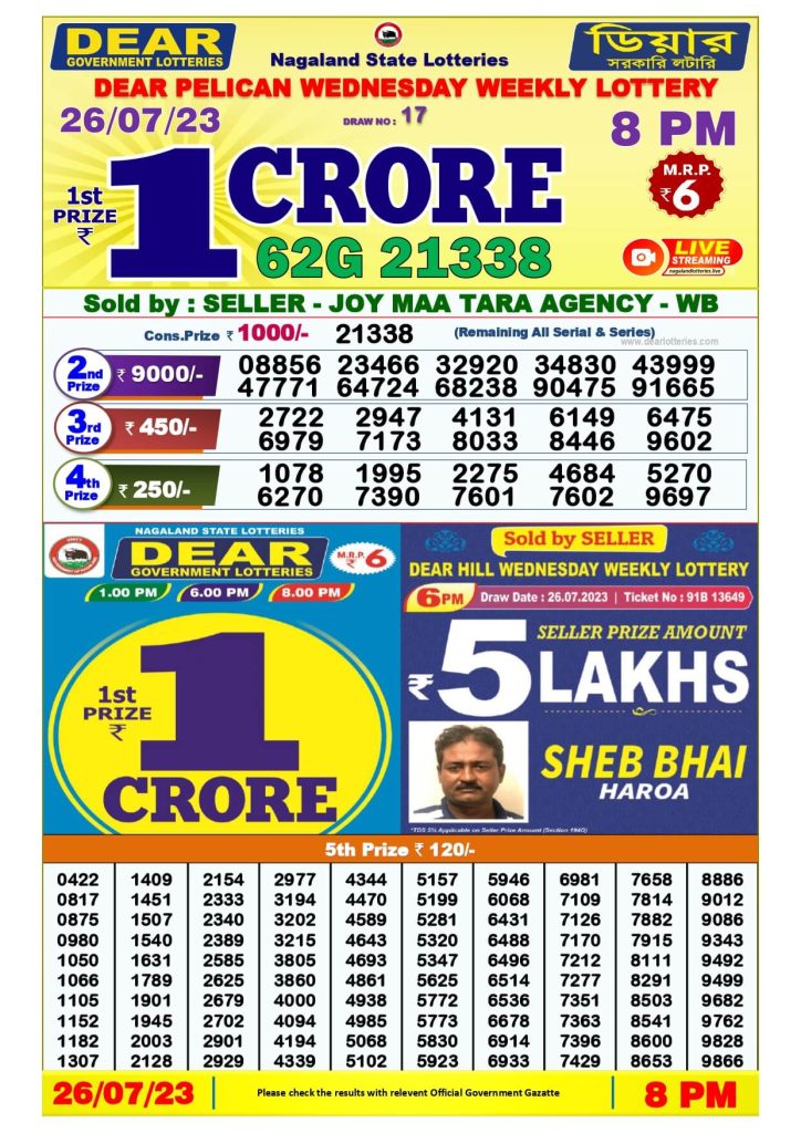 Dear Lottery Sambad Result Today 26 July Night 8PM Live Winners List
