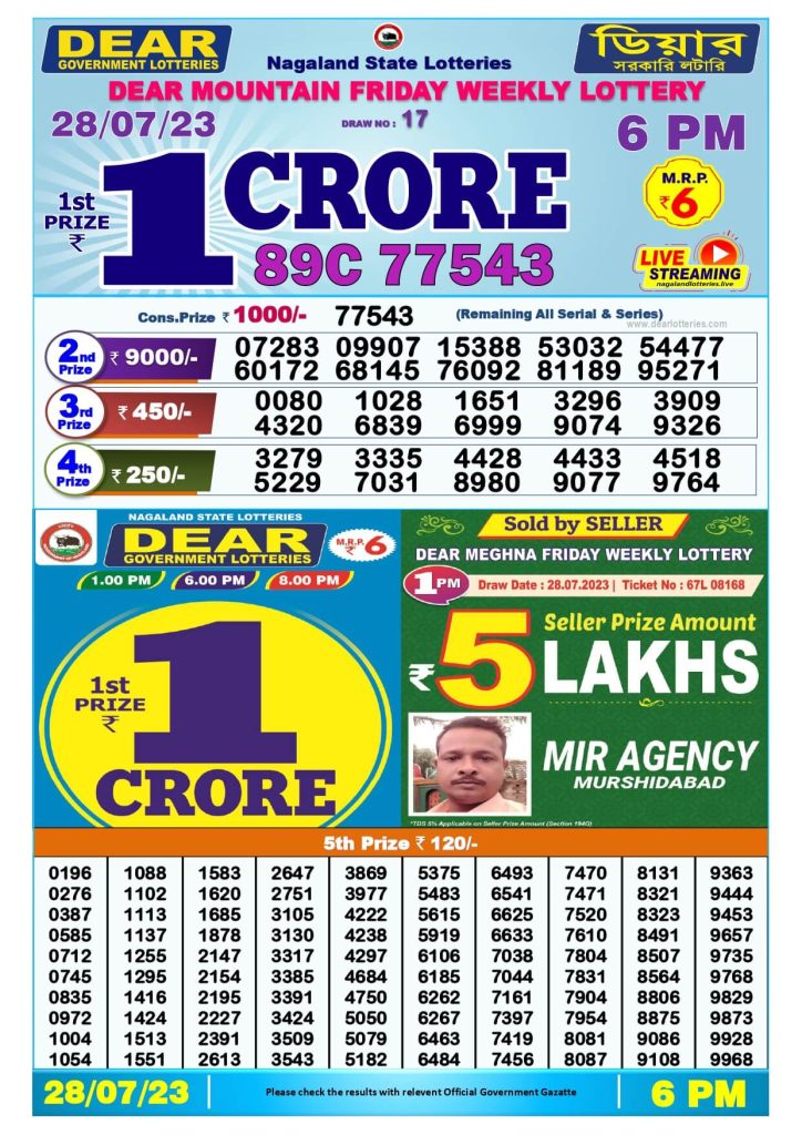 Dear Lottery Sambad Result Today 28 July Evening 6PM Live Winners List