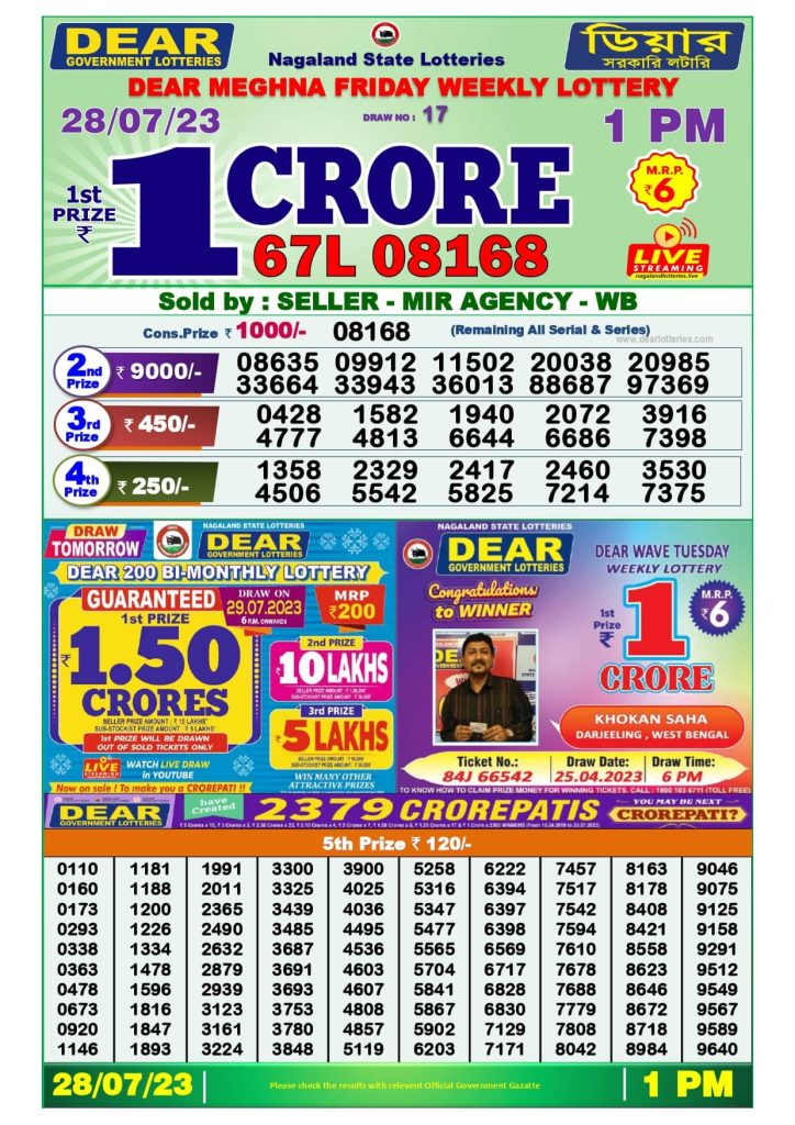 Dear Lottery Sambad Result Today 28 July Morning