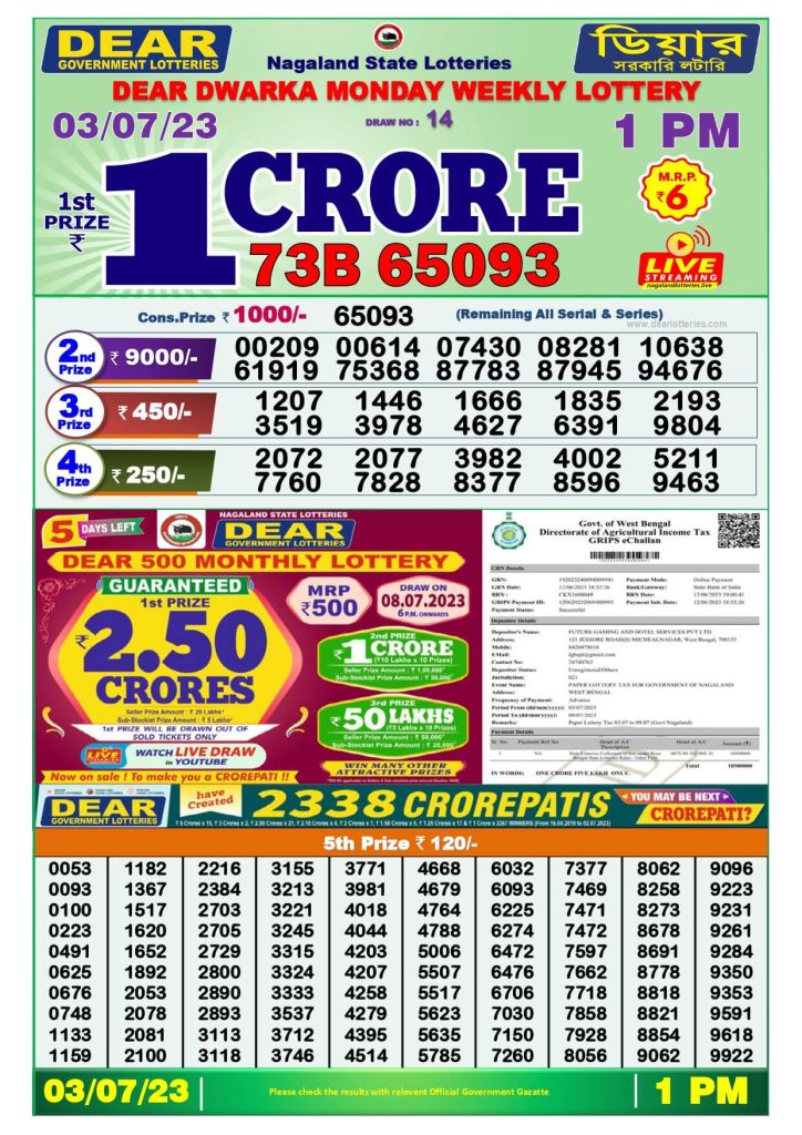 Dear Lottery Sambad Result Today 3 July Morning 1PM Live Winners List
