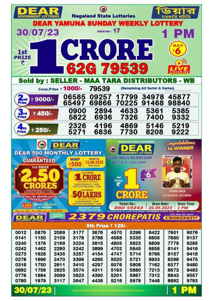Dear Lottery Sambad Result Today 30 July Morning 1PM Live Winners List