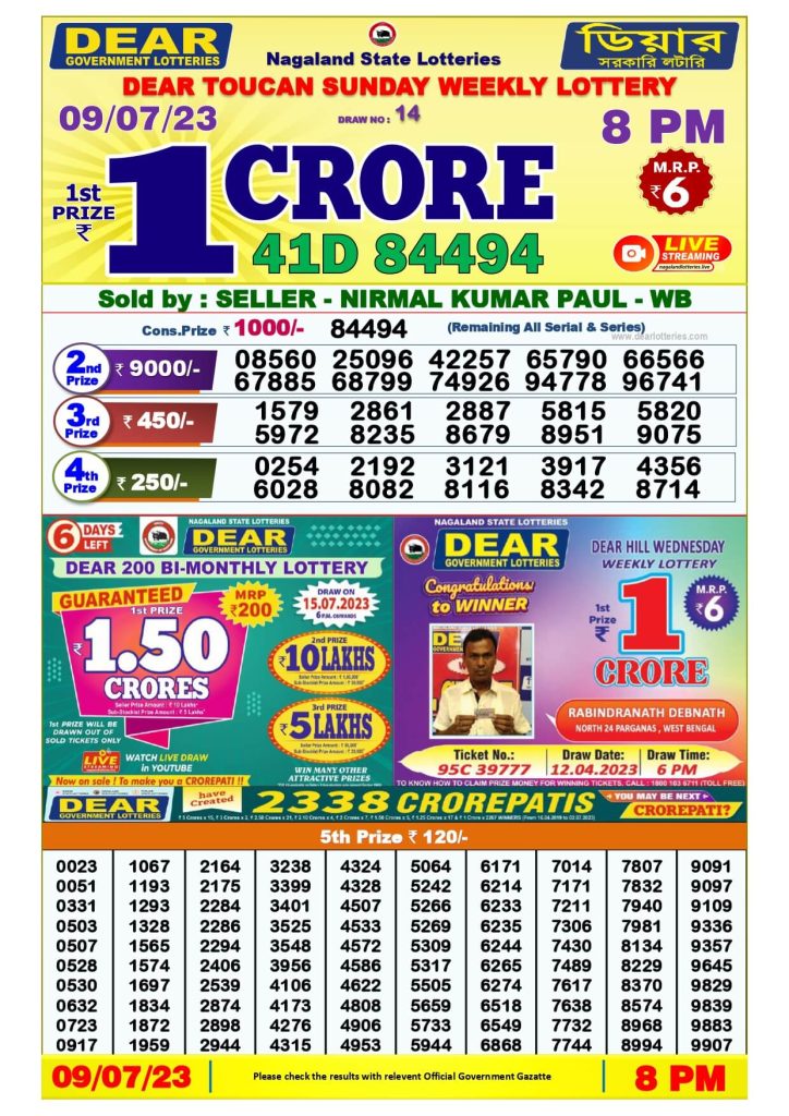 Dear Lottery Sambad Result Today 9 July Night 8PM Live Winners List