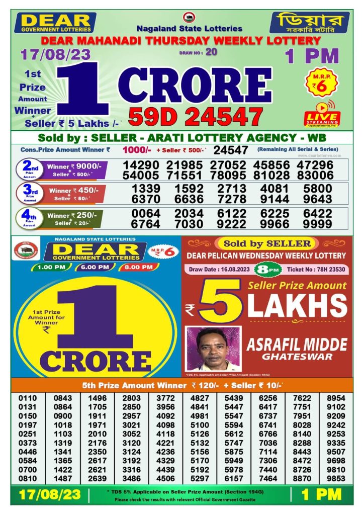 Dear Lottery Sambad Result Today 17 August Morning 1PM Live Winners List