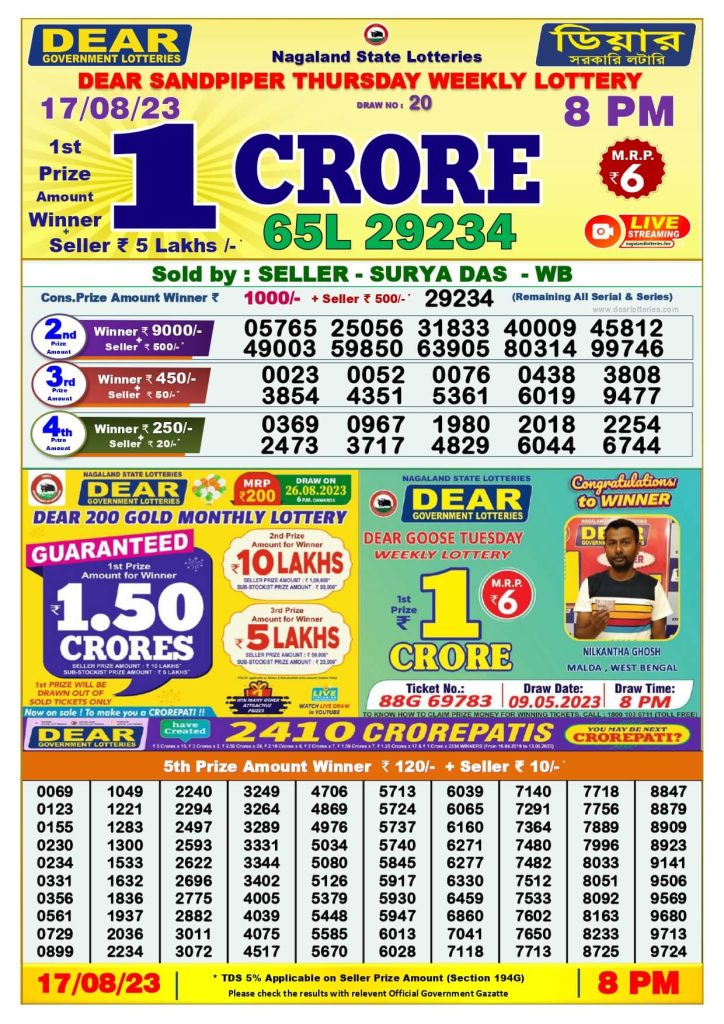 Dear Lottery Sambad Result Today 17 August Night 8PM Live Winners List