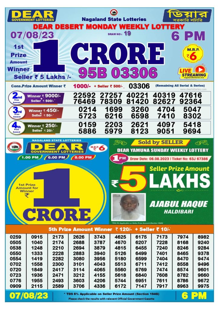 Dear Lottery Sambad Result Today 7 August Evening 6PM Live Winners List
