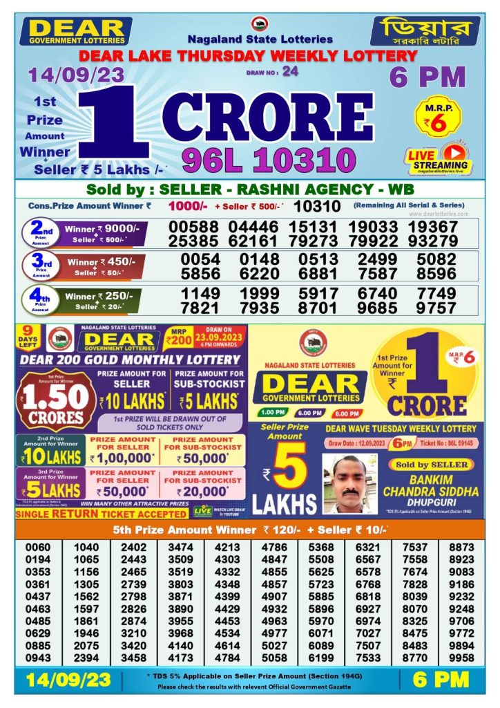 Dear Lottery Sambad Result Today 14 September Evening 6PM Live Winners List