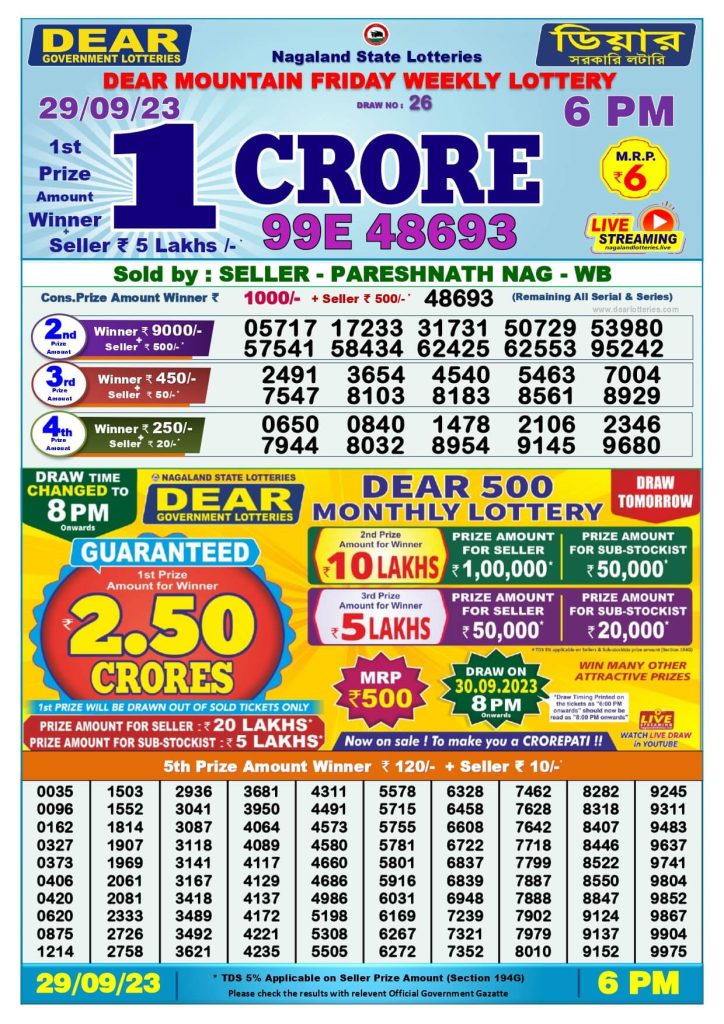 Dear Lottery Sambad Result Today 29 September Evening 6PM Live Winners List
