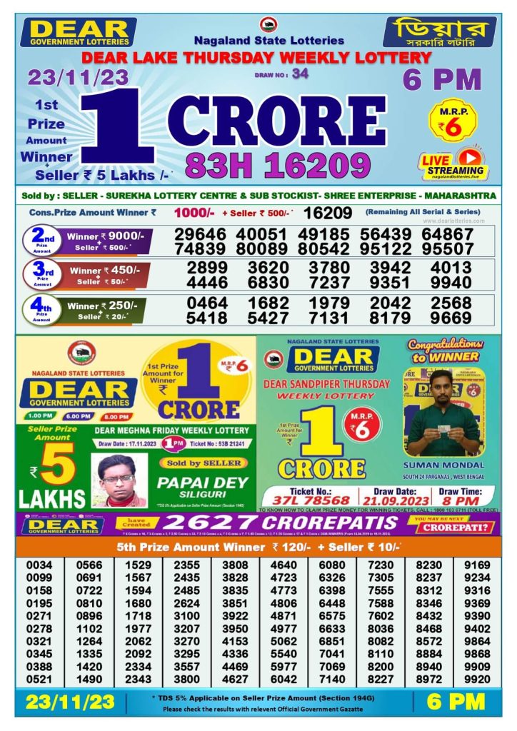 Dear Lottery Sambad Result Today 23 November 6Pm