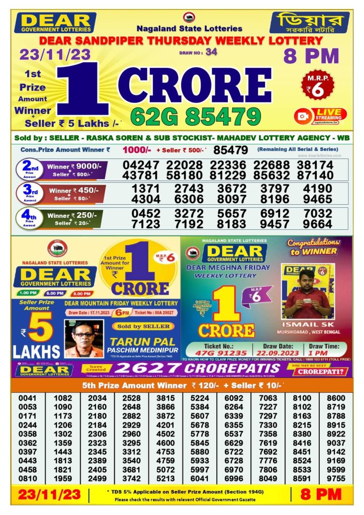 Dear Lottery Sambad Result Today 23 November 8Pm