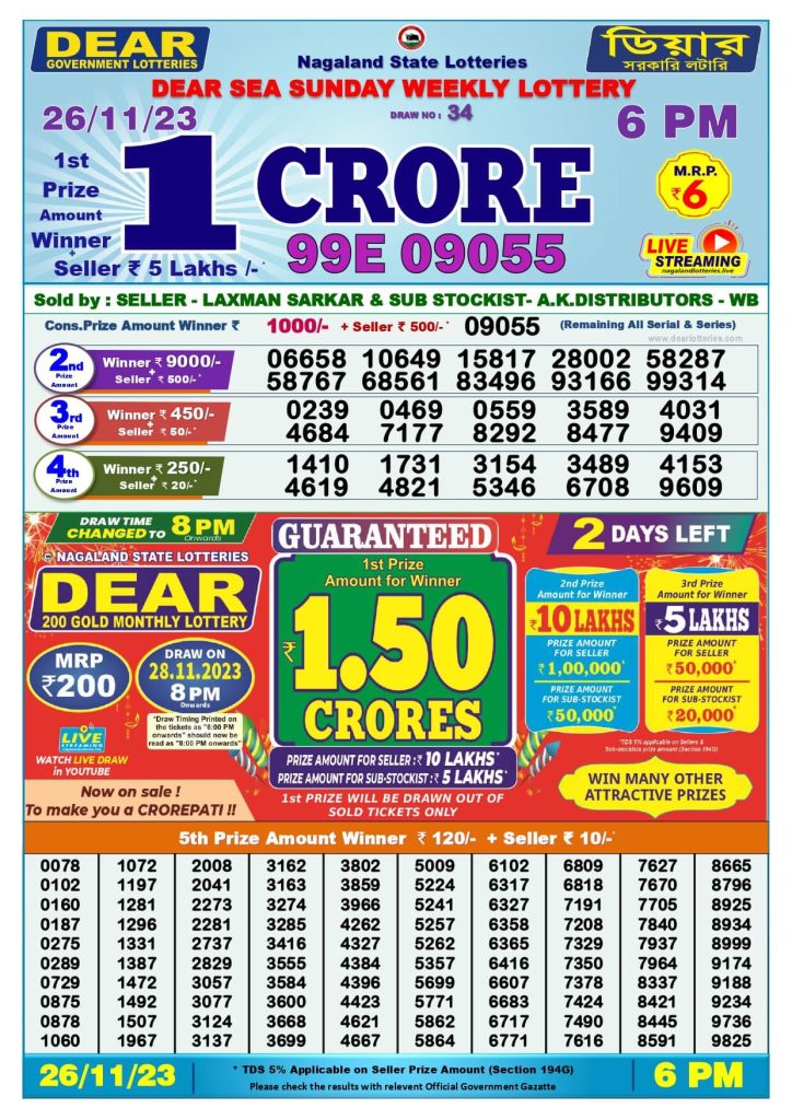 Dear Lottery Sambad Result Today 26 November 6Pm