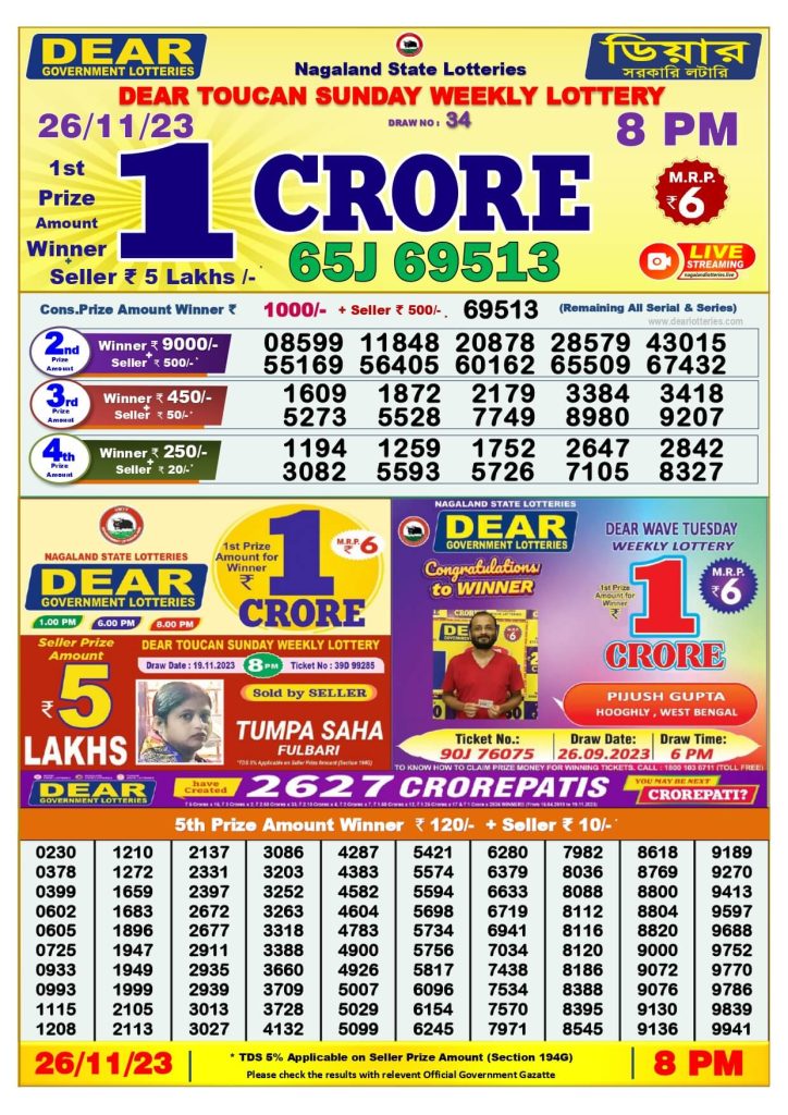 Dear Lottery Sambad Result Today 26 November 8Pm