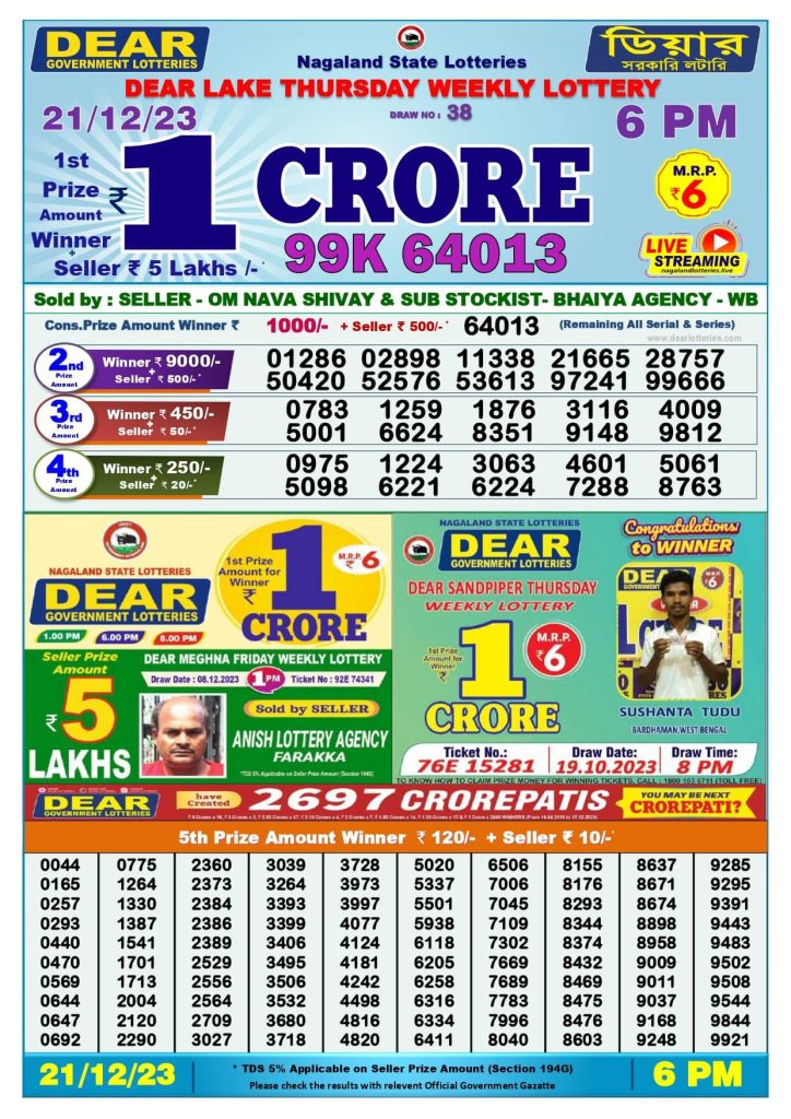 Dear Lottery Sambad Result Today 21 December Evening 6PM Live Winners List
