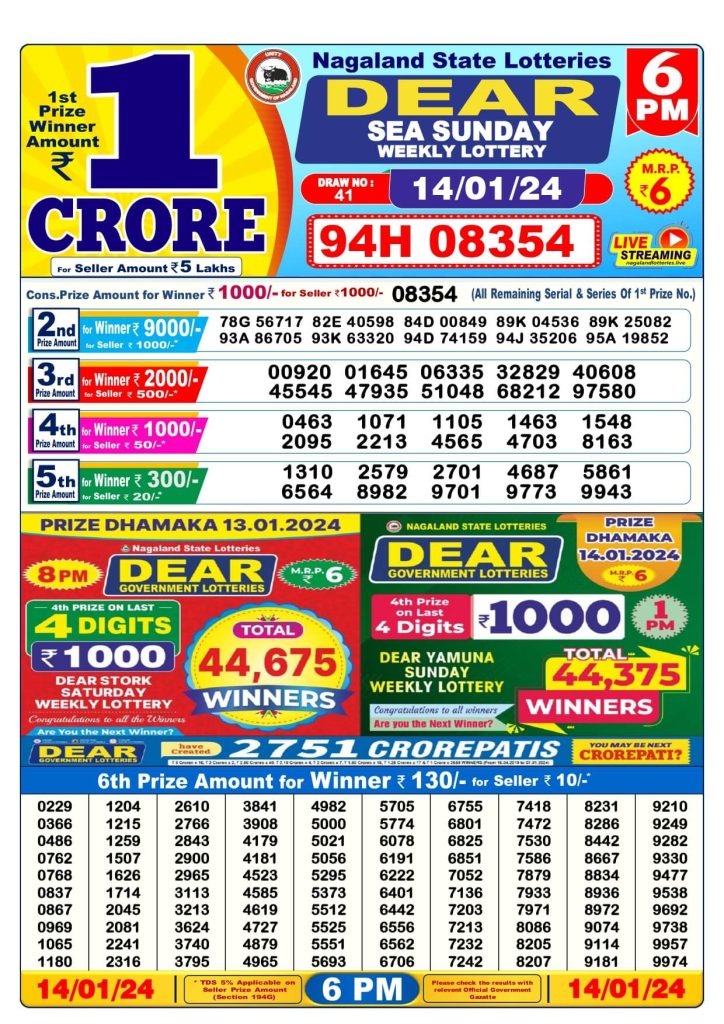 Dear Lottery Sambad Result Today 14 January Evening 6PM Live Winners List