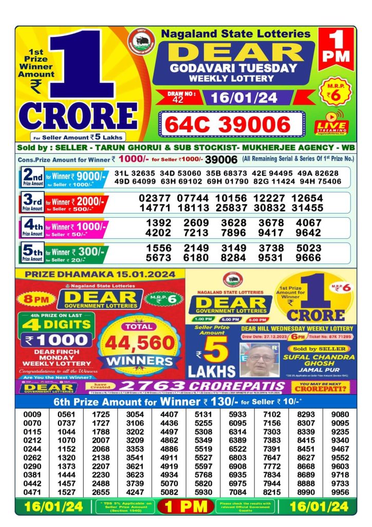 Dear Lottery Sambad Result Today 16 January Morning 1PM Live Winners List