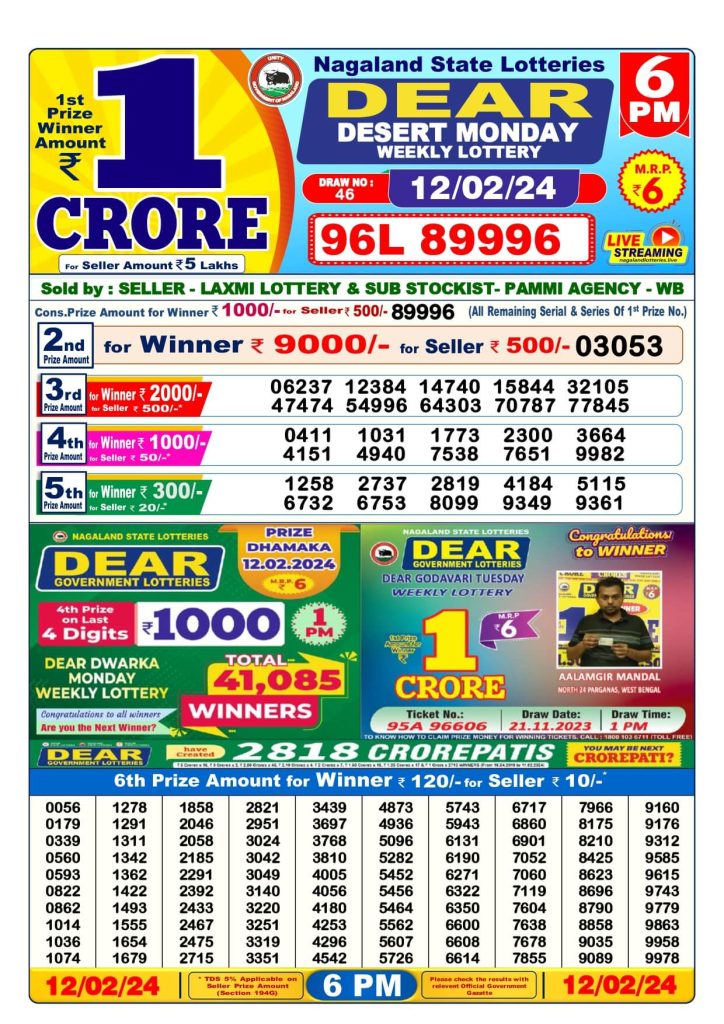 Dear Lottery Sambad Result Today 12 February Evening 6PM Live Winners List