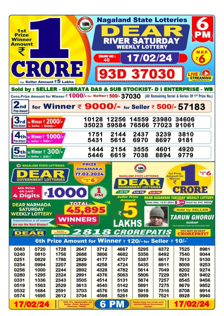 Dear Lottery Sambad Result Today 17 February Evening 6PM Live Winners List