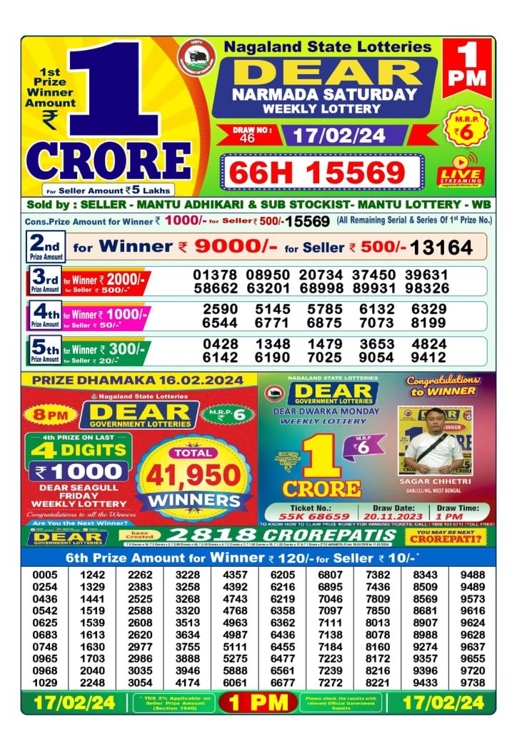 Dear Lottery Sambad Result Today 17 February Morning 1PM Live Winners List