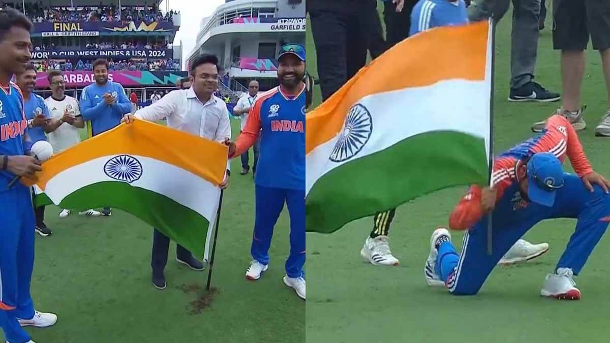 Rohit Sharma literally plant the indian flag into stadium after winning the T20 World Cup 2024 championship