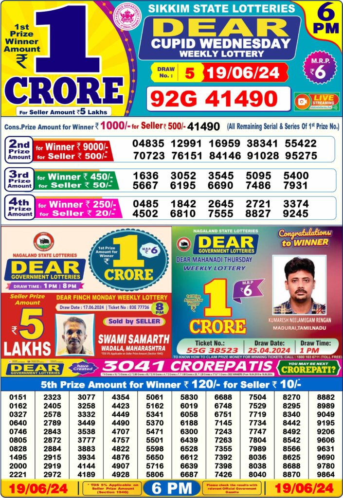 Dear Lottery Sambad Result 19 For 6PM Live