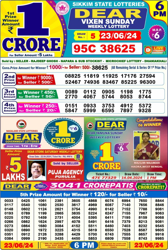 Dear Lottery Sambad Result 23 For 6PM Live